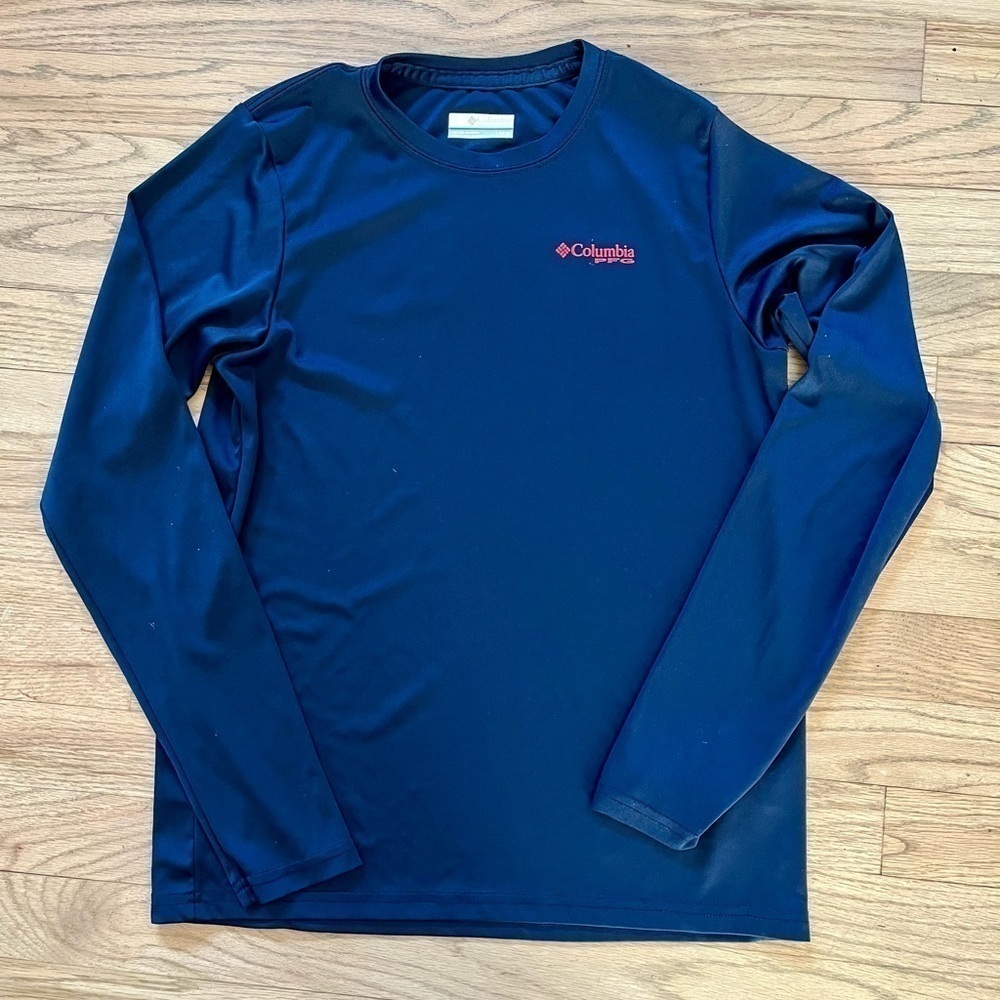COLUMBIA PFG performance long sleeve shirt rash guard blue American flag fish